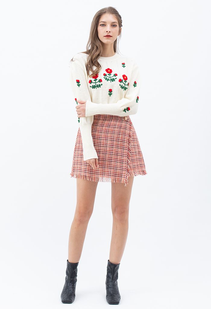 Red Posy Puff Sleeve Knit Sweater