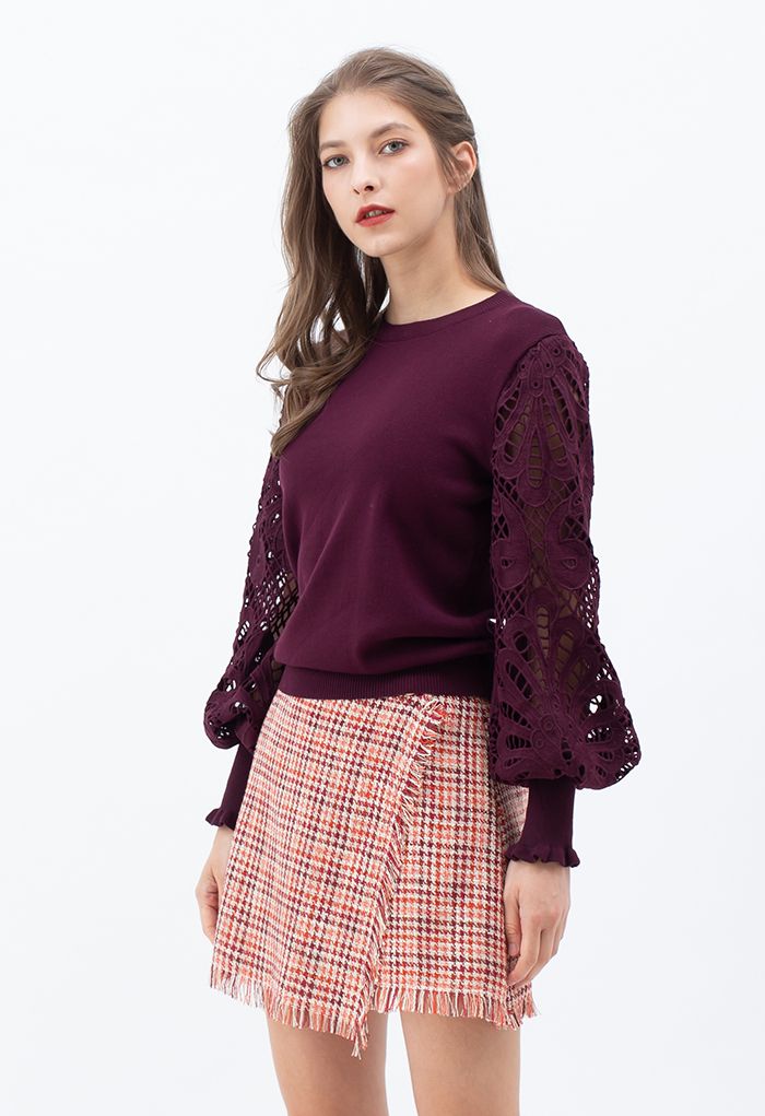 Baroque Crochet Sleeve Knit Top in Berry
