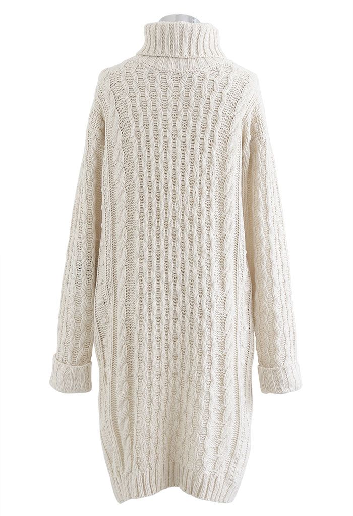 Turtleneck Cable Knit Sweater Dress in Ivory