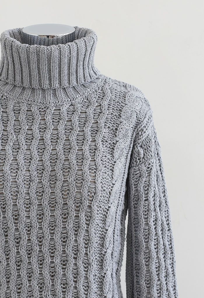 Turtleneck Cable Knit Sweater Dress in Grey