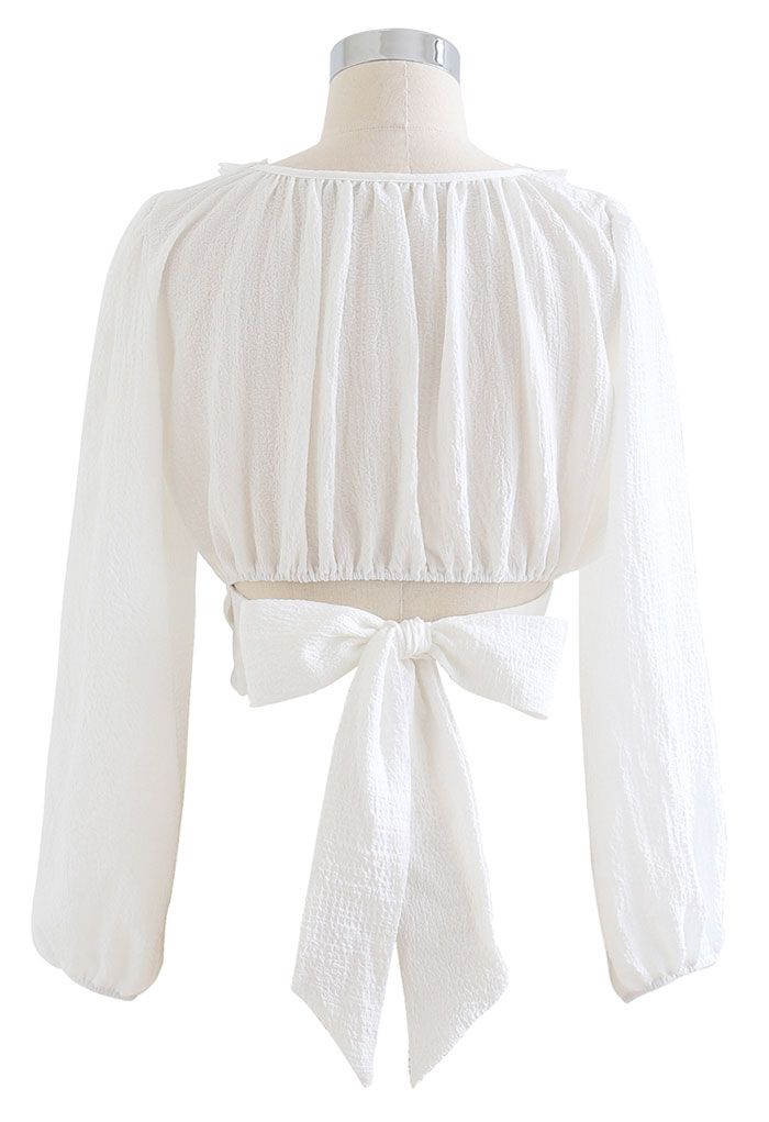 Pearly Neck Tie Back Embossed Crop Top in White