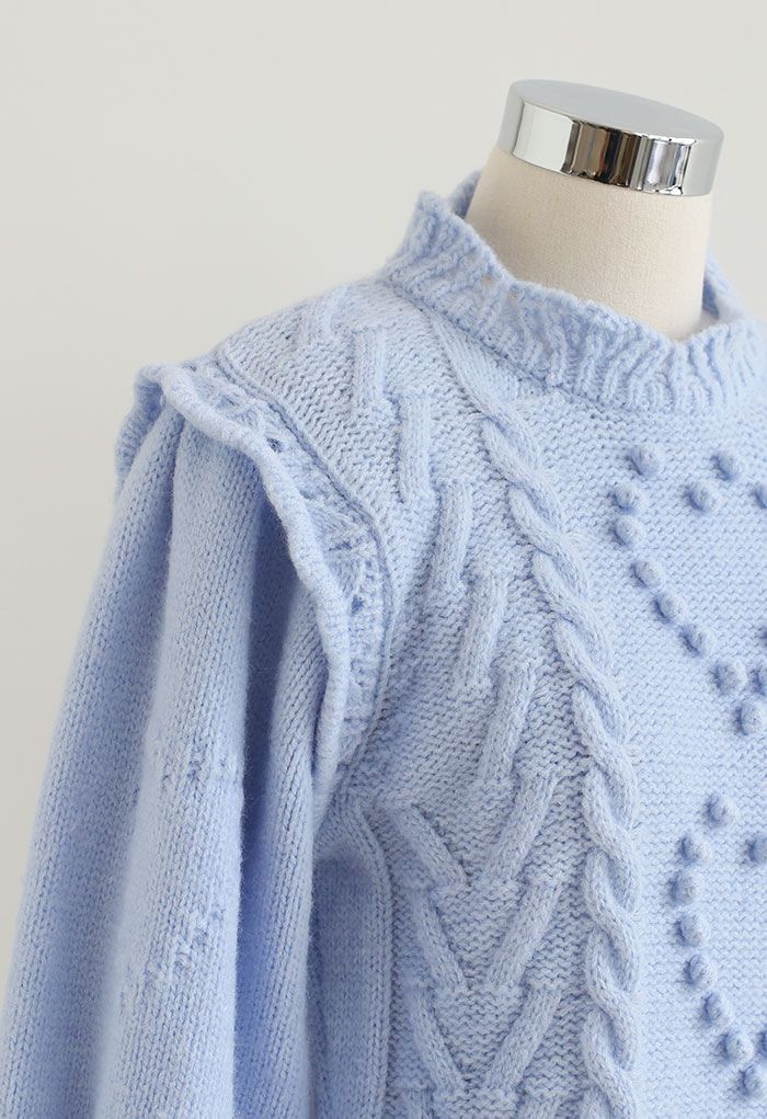 Still My Heart Bubble Sleeves Ruffle Hem Knit Sweater in Blue - Retro ...