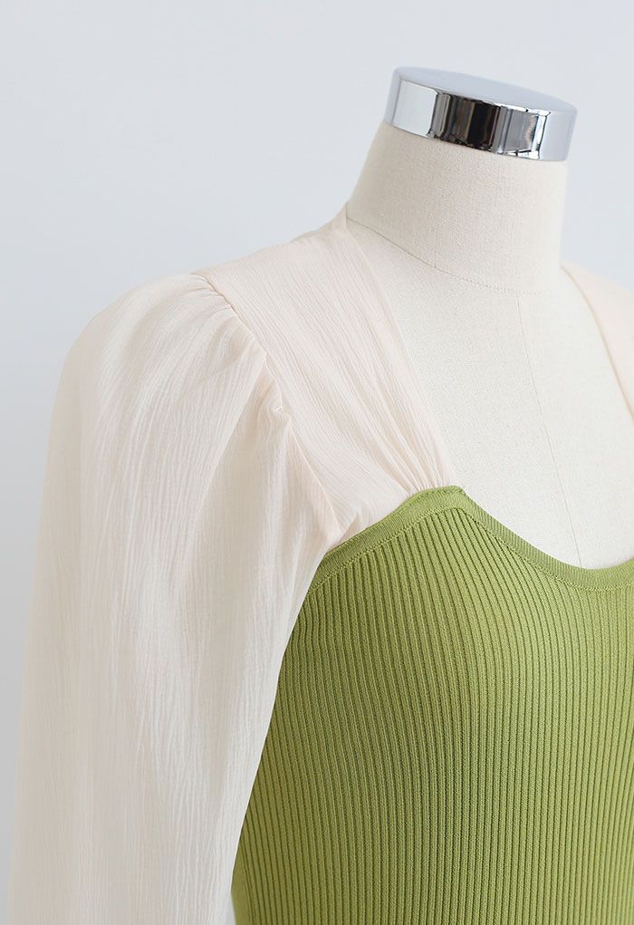 Spliced Bubble Sleeve Knit Top in Green - Retro, Indie and Unique Fashion