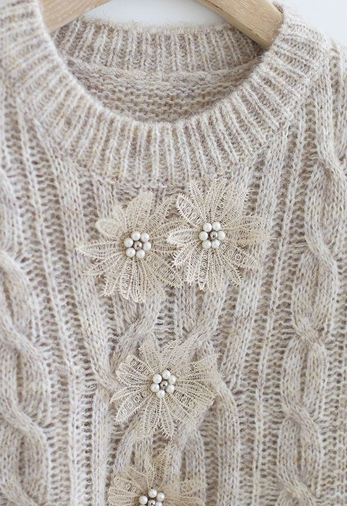 Crochet Flowers Decorated Ruffle Cable Knit Sweater in Linen