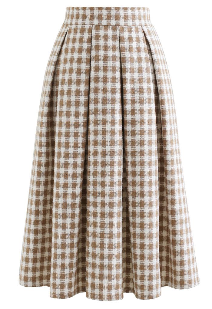 Plaid Print Wool-Blend Pleated Midi Skirt in Light Tan