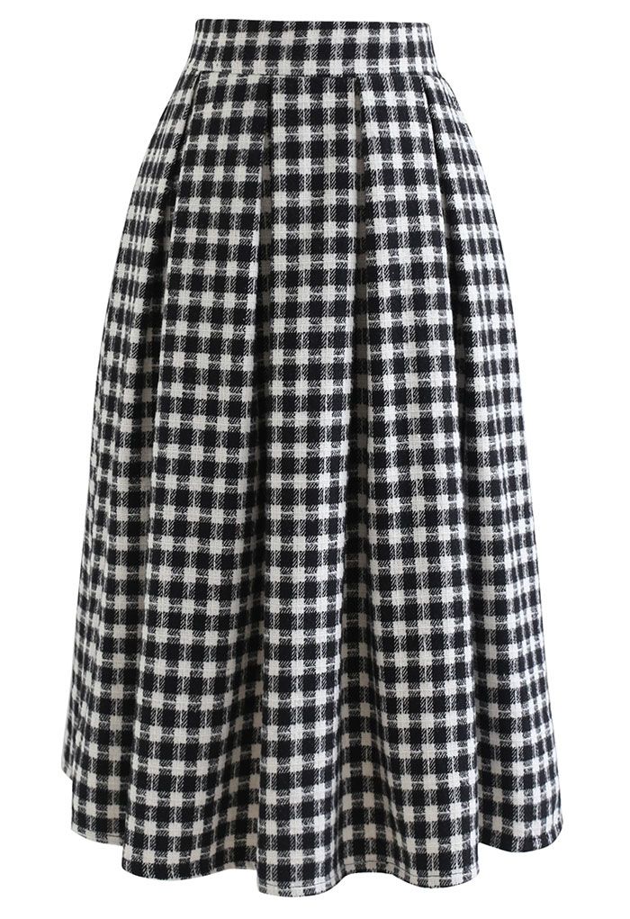 Plaid Print Wool-Blend Pleated Midi Skirt in Black - Retro, Indie and ...