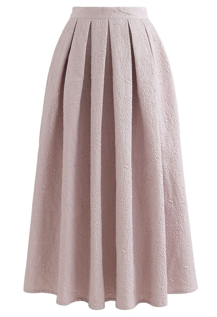 Carnation Embossed Satin Pleated Midi Skirt in Dusty Pink