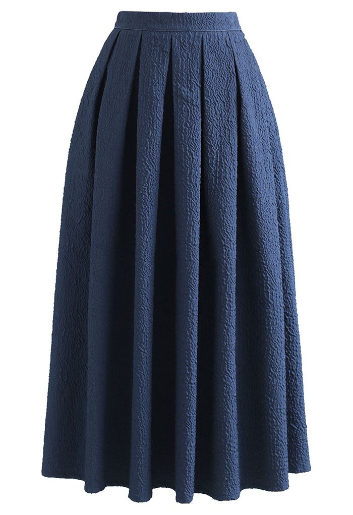 Carnation Embossed Satin Pleated Midi Skirt in Dark Blue