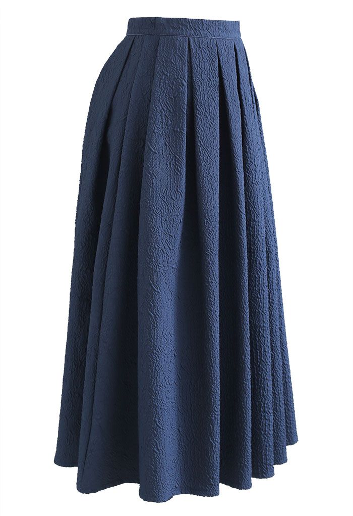 Carnation Embossed Satin Pleated Midi Skirt in Dark Blue - Retro, Indie ...