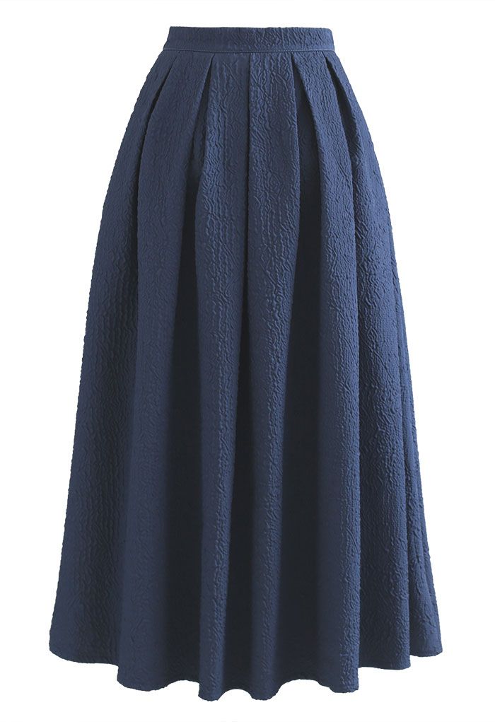 Carnation Embossed Satin Pleated Midi Skirt in Dark Blue - Retro, Indie ...