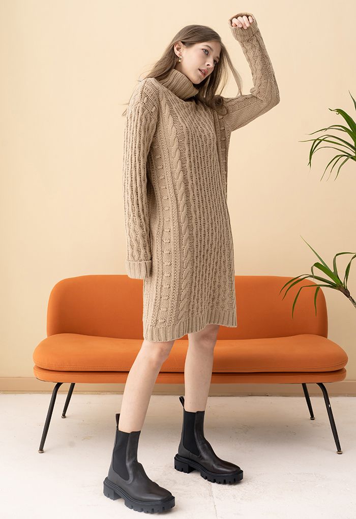 Turtleneck Cable Knit Sweater Dress in Tan