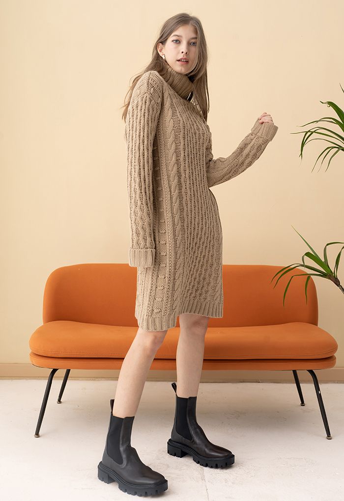 Turtleneck Cable Knit Sweater Dress in Tan