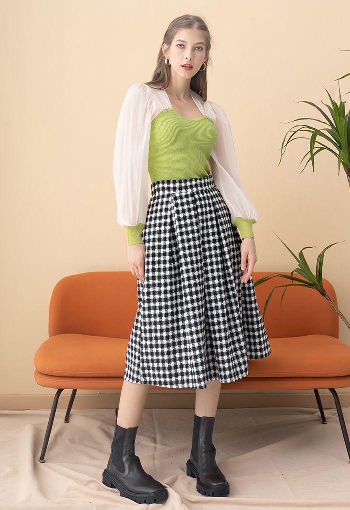 Plaid Print Wool-Blend Pleated Midi Skirt in Black