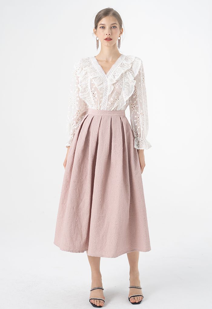 Carnation Embossed Satin Pleated Midi Skirt in Dusty Pink