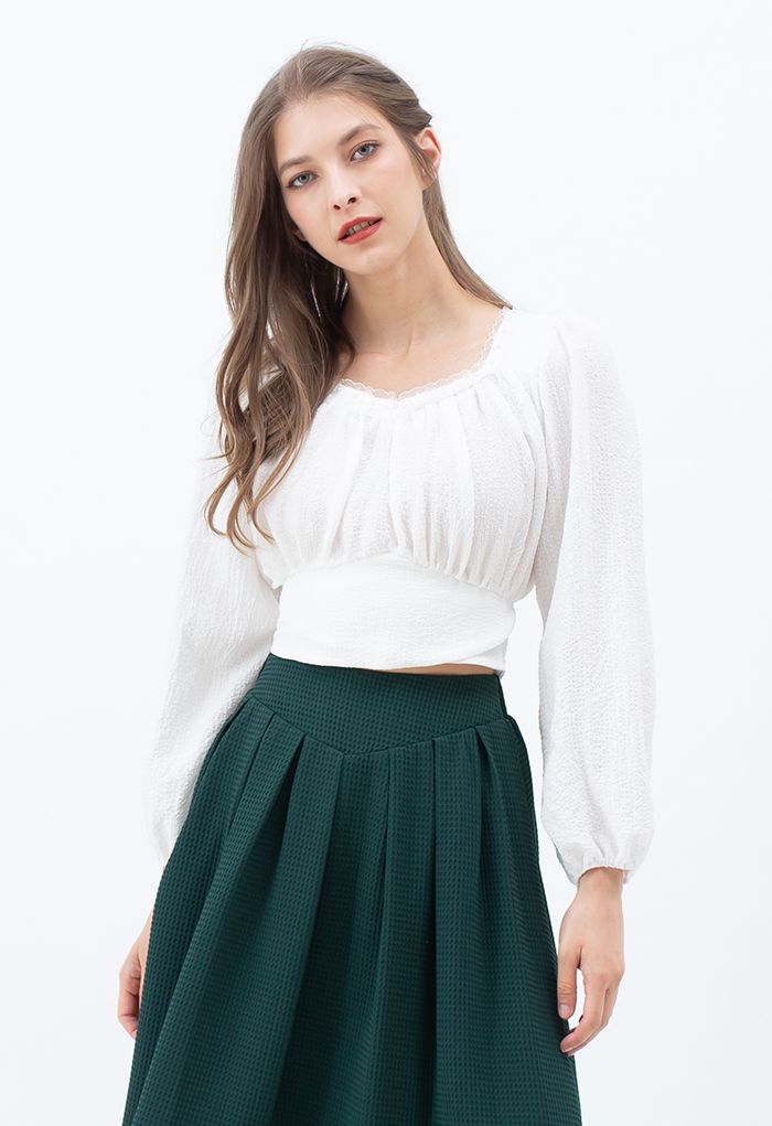 Pearly Neck Tie Back Embossed Crop Top in White