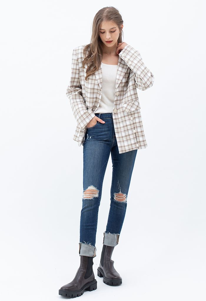Plaid Single Breasted Buttoned Hem Blazer in Sand