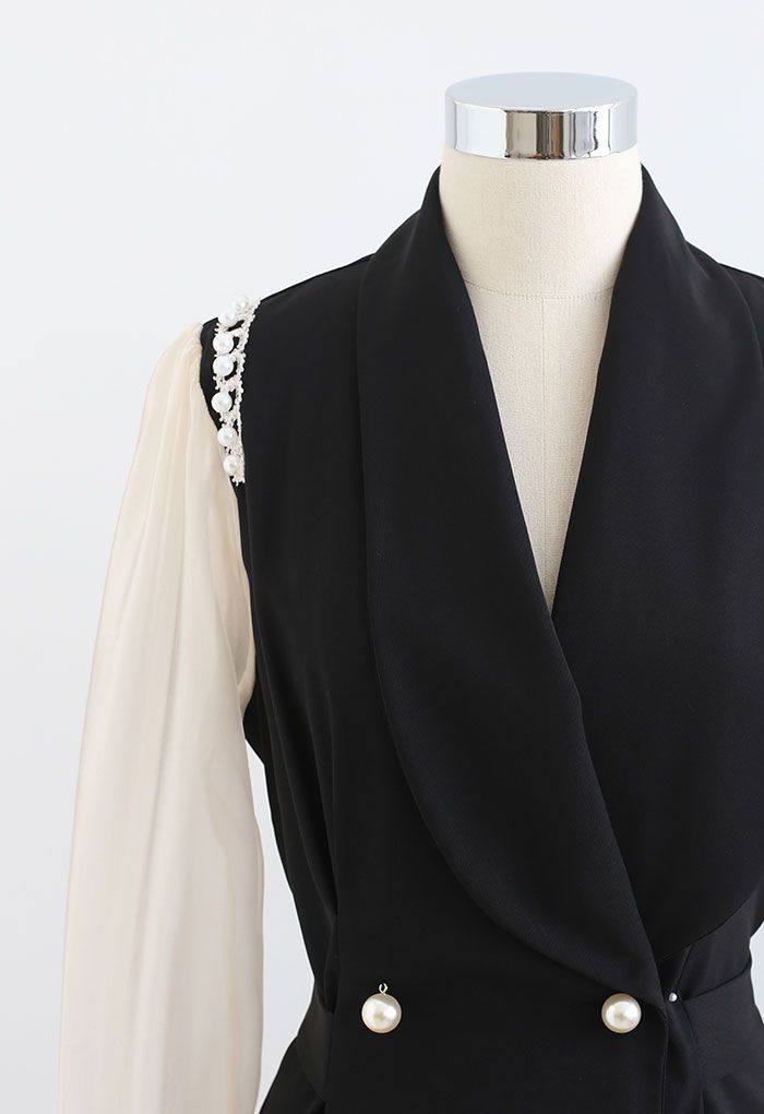 Organza Sleeve Spliced Pearly Blazer Dress in Black