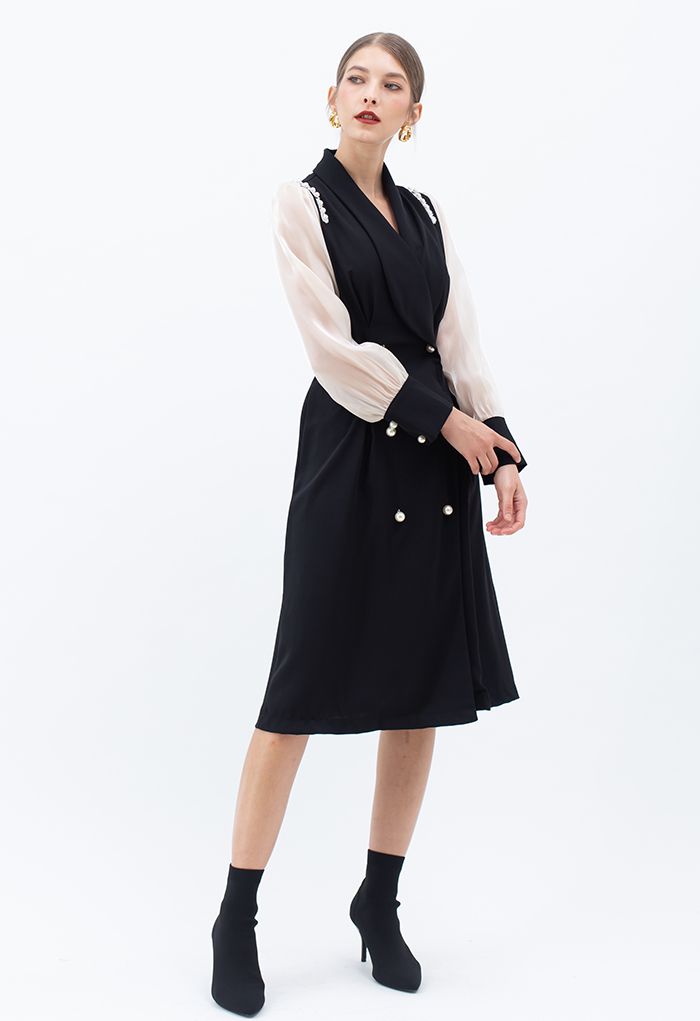 Organza Sleeve Spliced Pearly Blazer Dress in Black