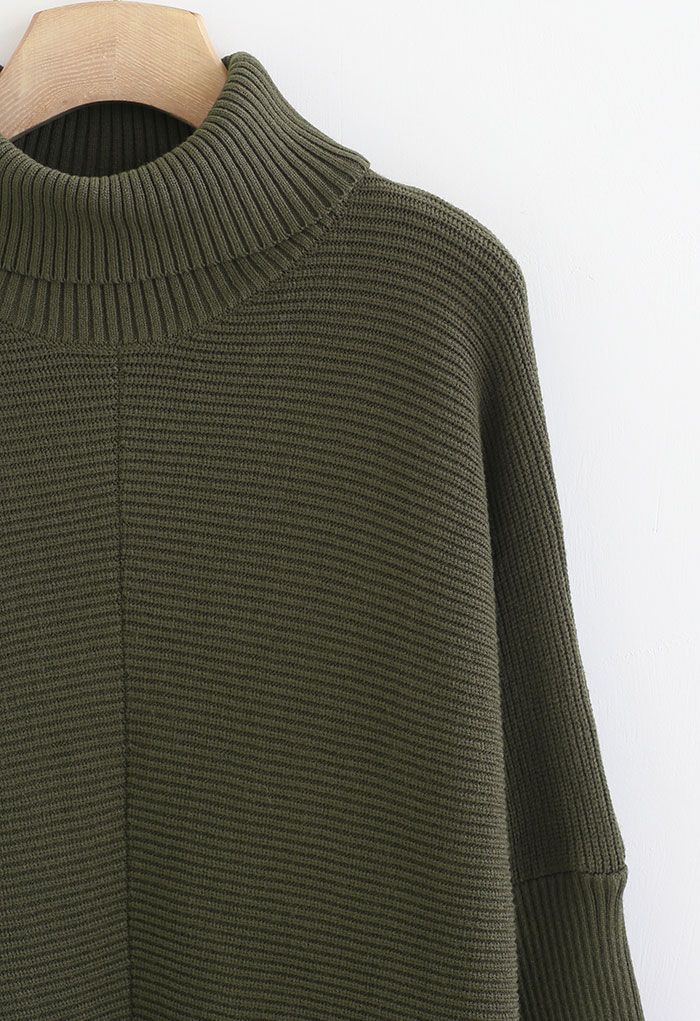 Effortless Chic Turtleneck Batwing Sleeve Hi-Lo Sweater in Army Green