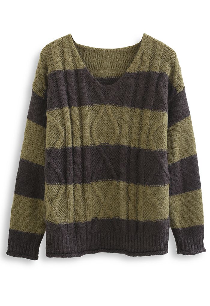 Color Blocked V-Neck Cable Knit Sweater in Olive - Retro, Indie 
