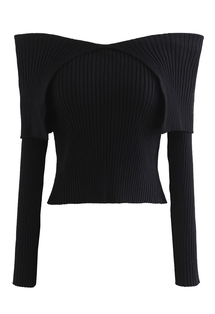 Flap Collar Off-Shoulder Crop Knit Top in Black - Retro, Indie and ...