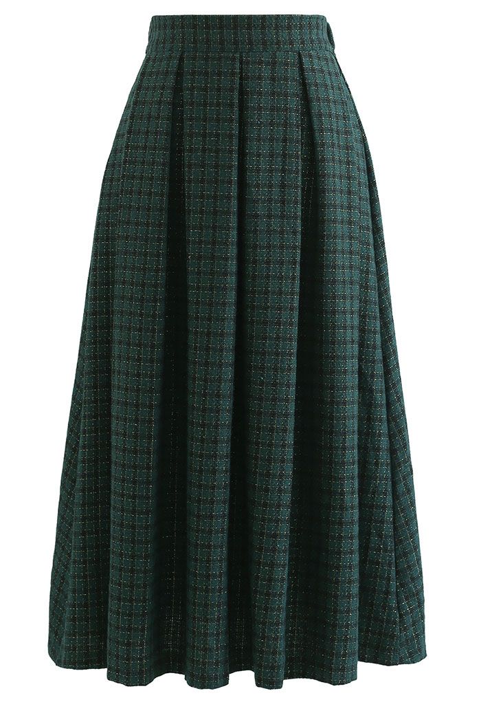 Shimmer Gingham Pleated Midi Skirt in Dark Green - Retro, Indie and ...