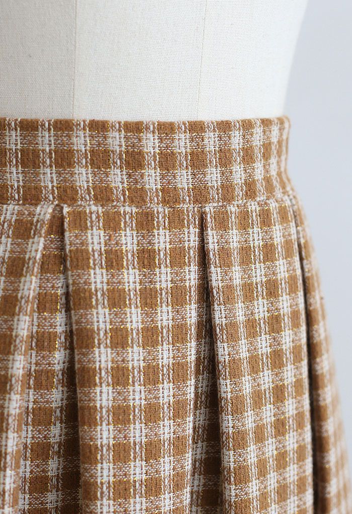 Shimmer Gingham Pleated Midi Skirt in Camel - Retro, Indie and Unique ...