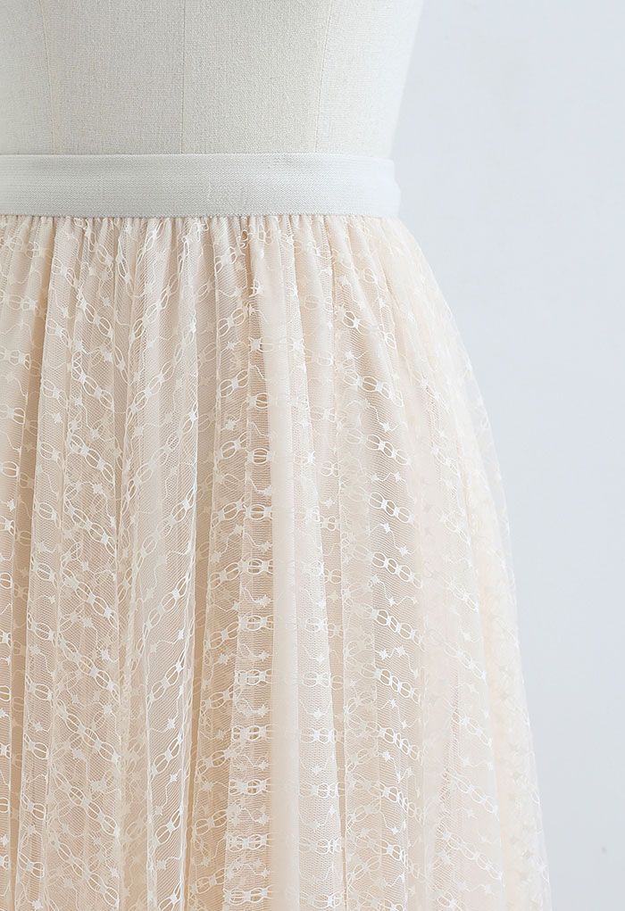 Lacy Chain Double-Layered Mesh Tulle Midi Skirt in Cream