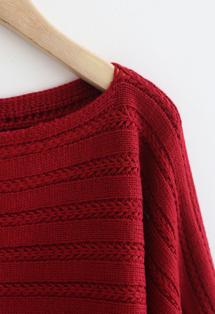 Boat Neck Batwing Sleeve Crop Sweater in Red