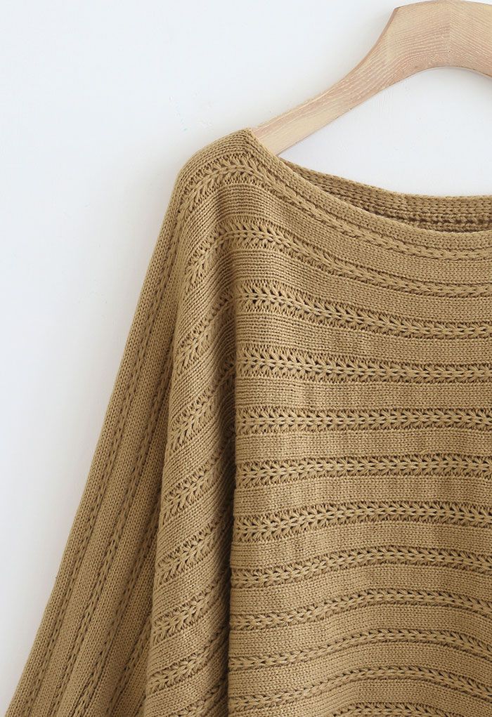 Boat Neck Batwing Sleeve Crop Sweater in Camel
