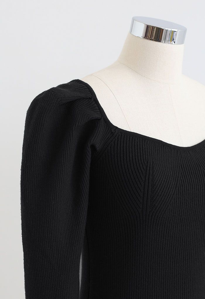 Gigot Sleeve Square Neck Crop Knit Top in Black