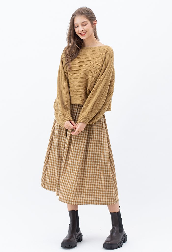 Boat Neck Batwing Sleeve Crop Sweater in Camel