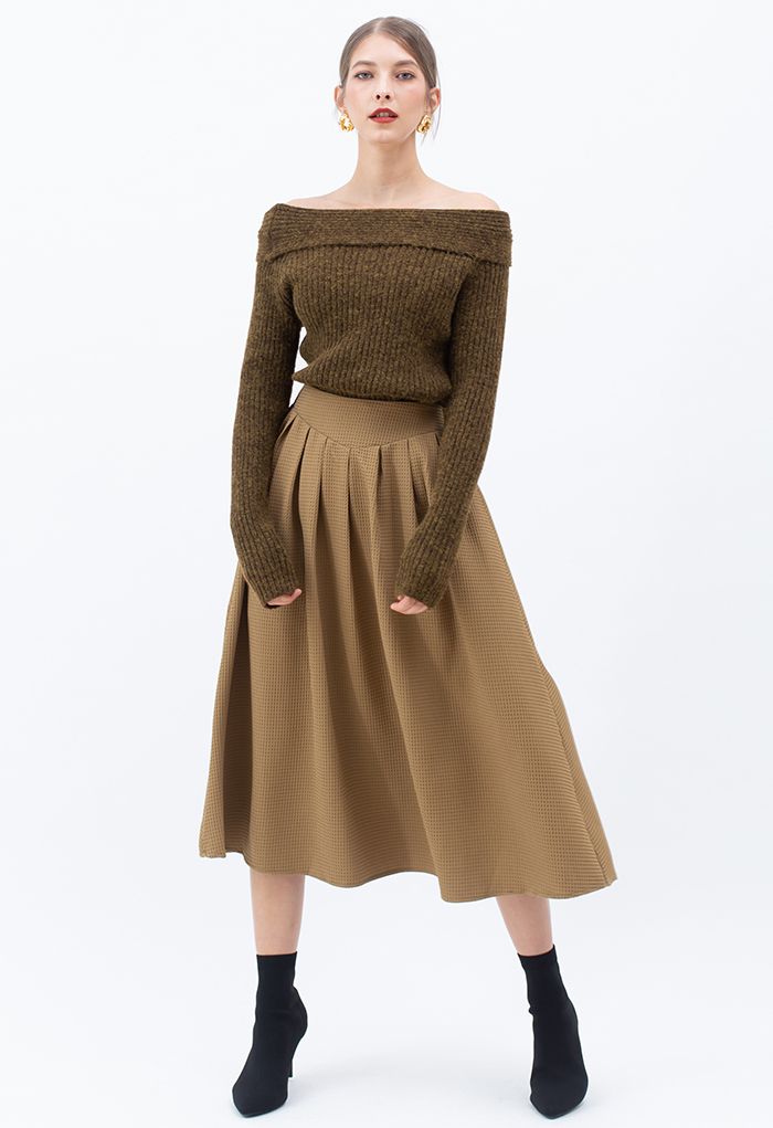 Courtly Off-Shoulder Crop Knit Top in Brown