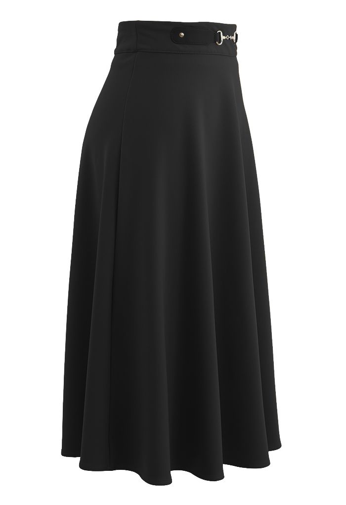 Horsebit Decorated A-Line Midi Skirt in Black