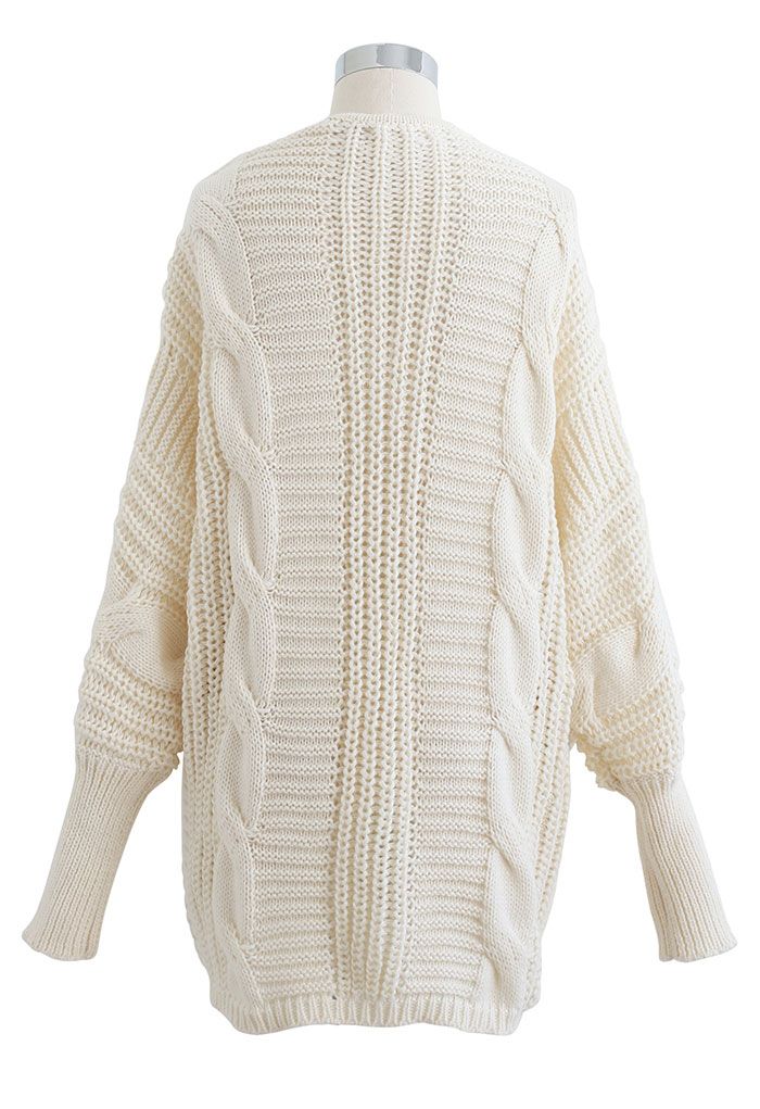Open Front Batwing Sleeve Cable Knit Cardigan in Ivory