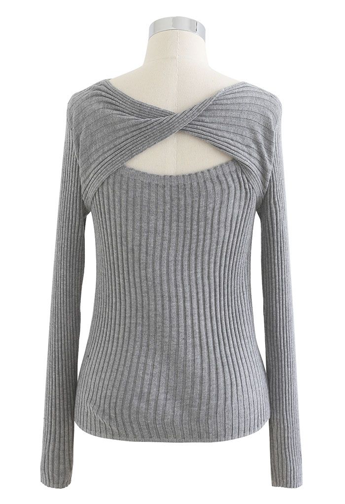 Twisted Cut Out Fitted Knit Top in Grey - Retro, Indie and Unique Fashion
