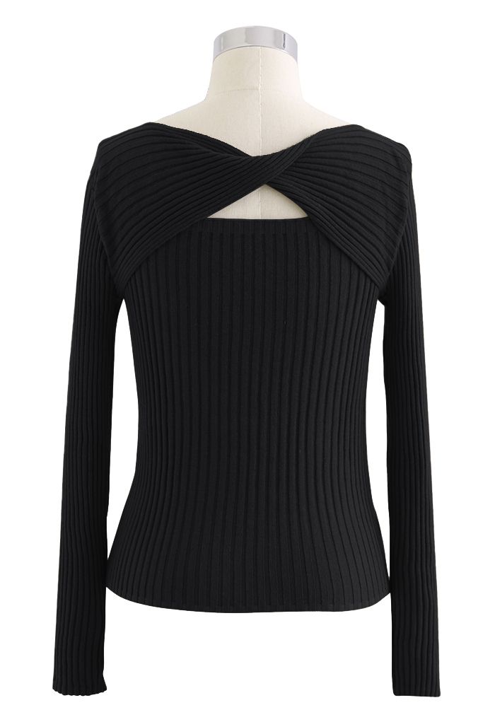 Twisted Cut Out Fitted Knit Top in Black