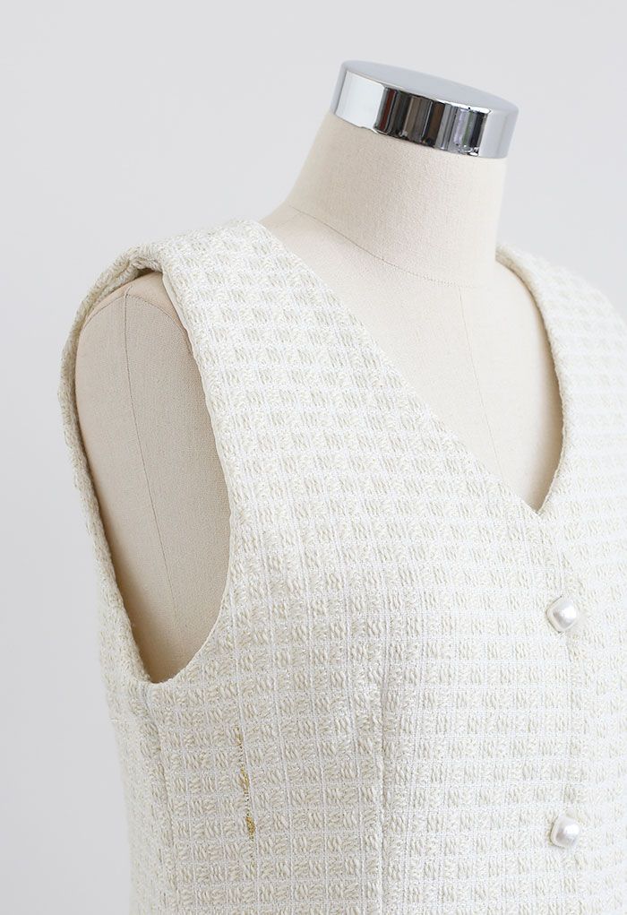 Button Down Sleeveless Shimmer Tweed Dress in Ivory