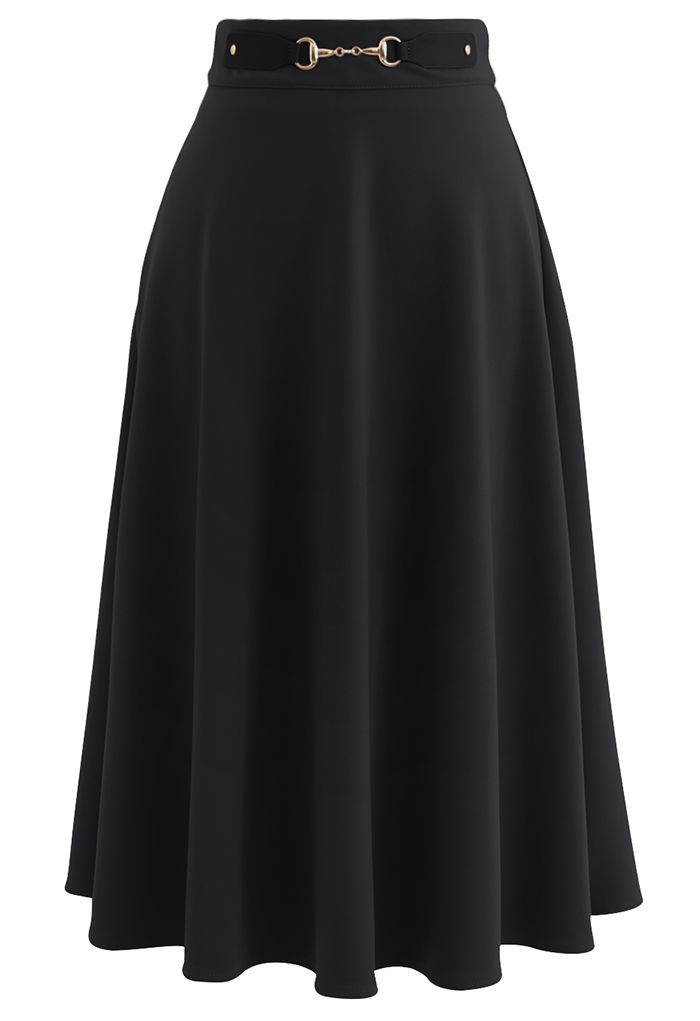 Horsebit Decorated A-Line Midi Skirt in Black - Retro, Indie and Unique ...