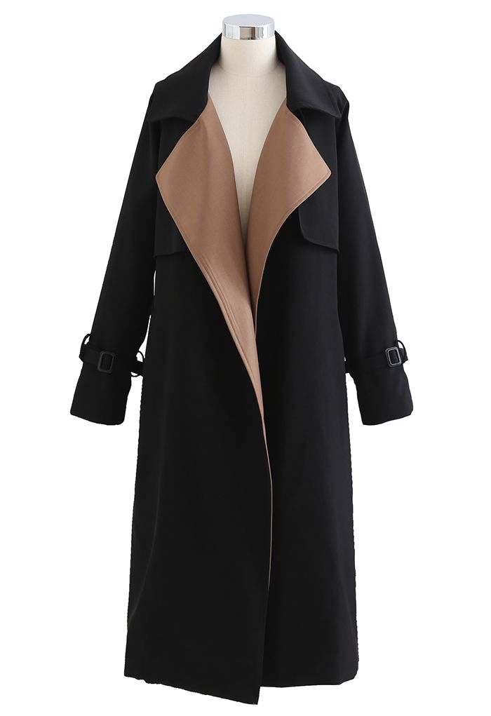 Contrast Wide Lapel Belted Black Trench Coat