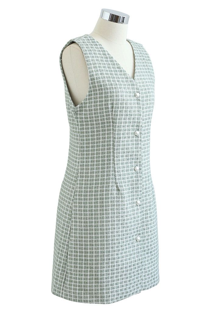 Button Down Sleeveless Shimmer Tweed Dress in Mint