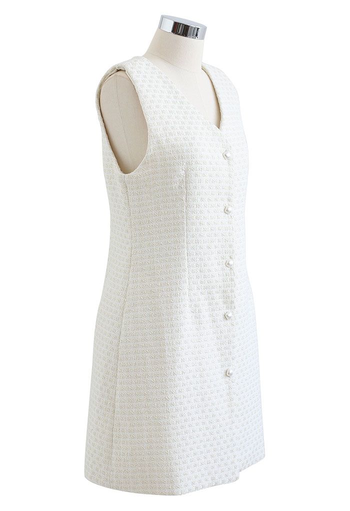 Button Down Sleeveless Shimmer Tweed Dress in Ivory