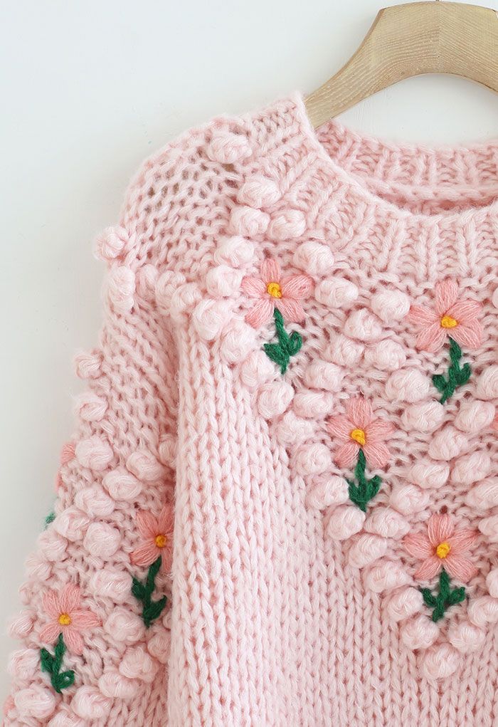 Stitch Floral Diamond Pom-Pom Hand Knit Sweater in Pink