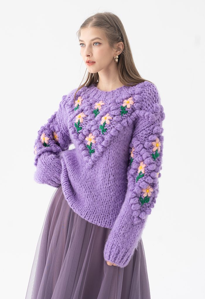 Stitch Floral Diamond Pom-Pom Hand Knit Sweater in Purple - Retro ...