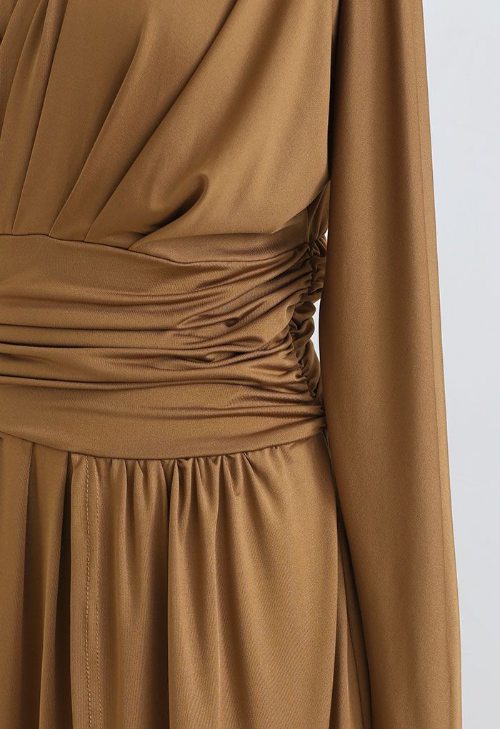 Ruched Wrap V-Neck Slit Maxi Dress in Caramel