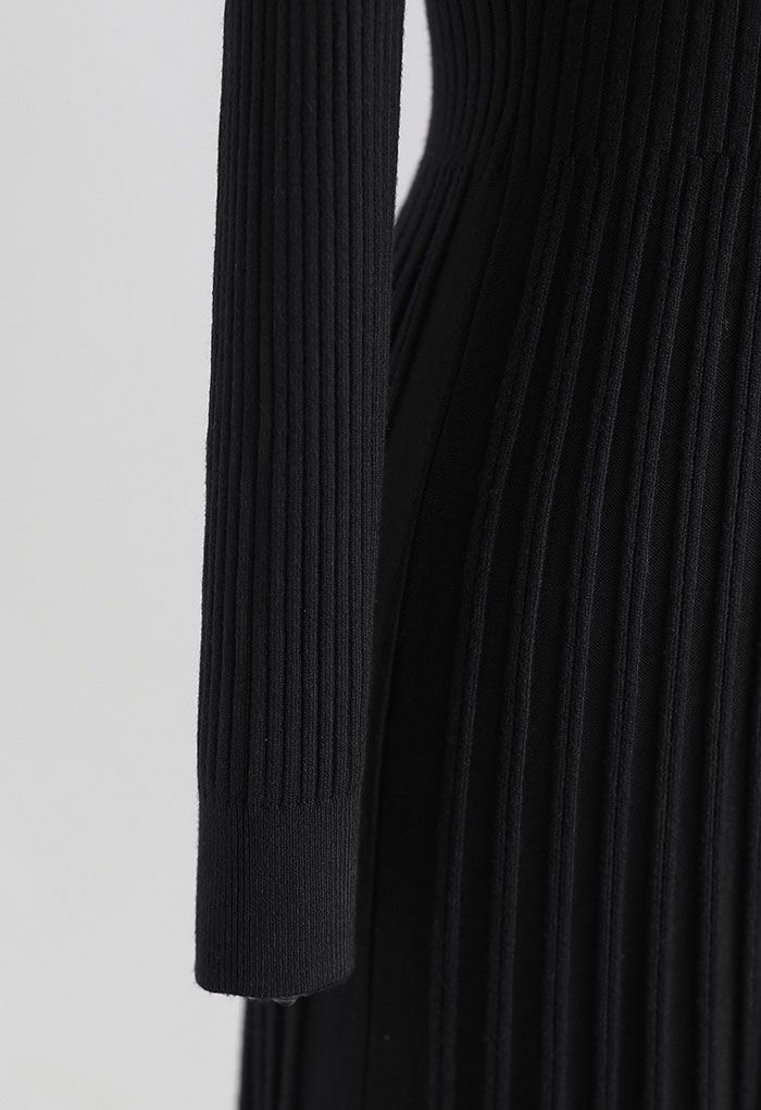 Button Front Ribbed Knit A-line Midi Dress in Black
