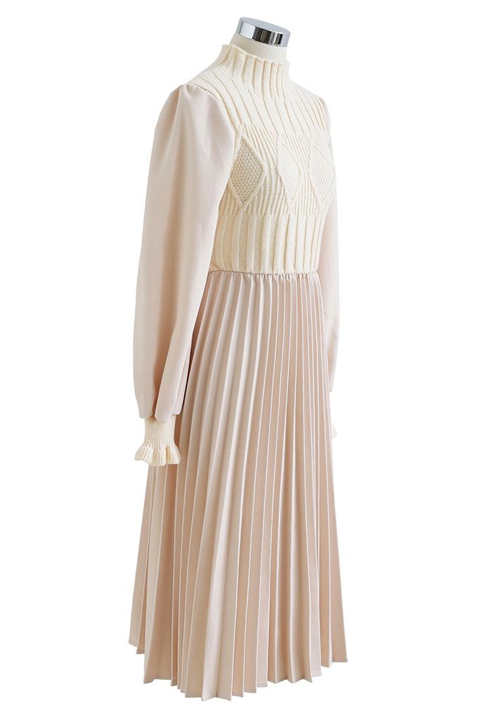 Cable Knit Spliced Pleated Midi Dress in Cream