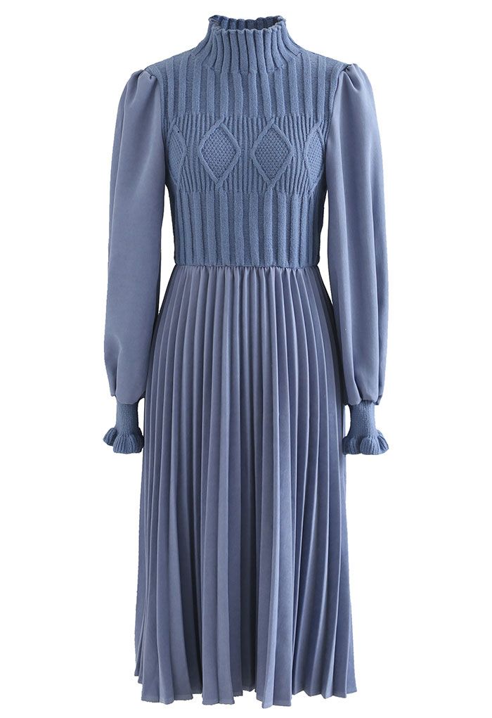 Cable Knit Spliced Pleated Midi Dress in Blue
