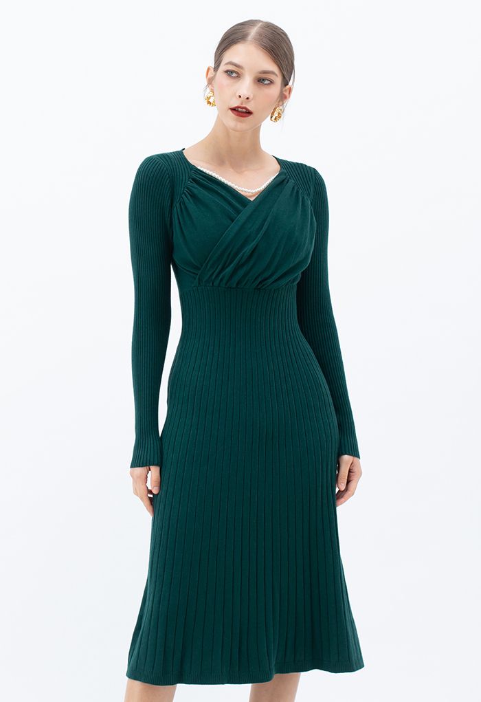 Ruched Wrap Front Ribbed Knit A-line Midi Dress in Green - Retro, Indie ...