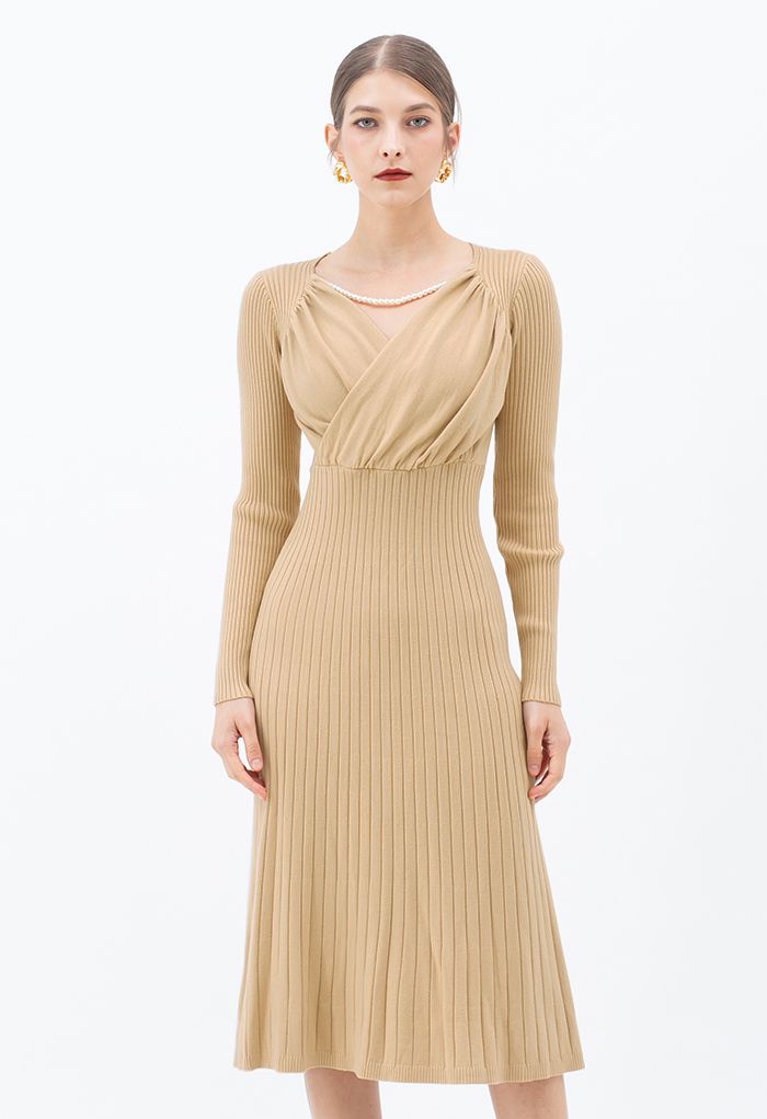 Ruched Wrap Front Ribbed Knit A-line ...